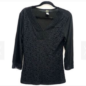 Shannon Ford New York Womens Black Top Solid Lace Blouse V-Neck Sz Small